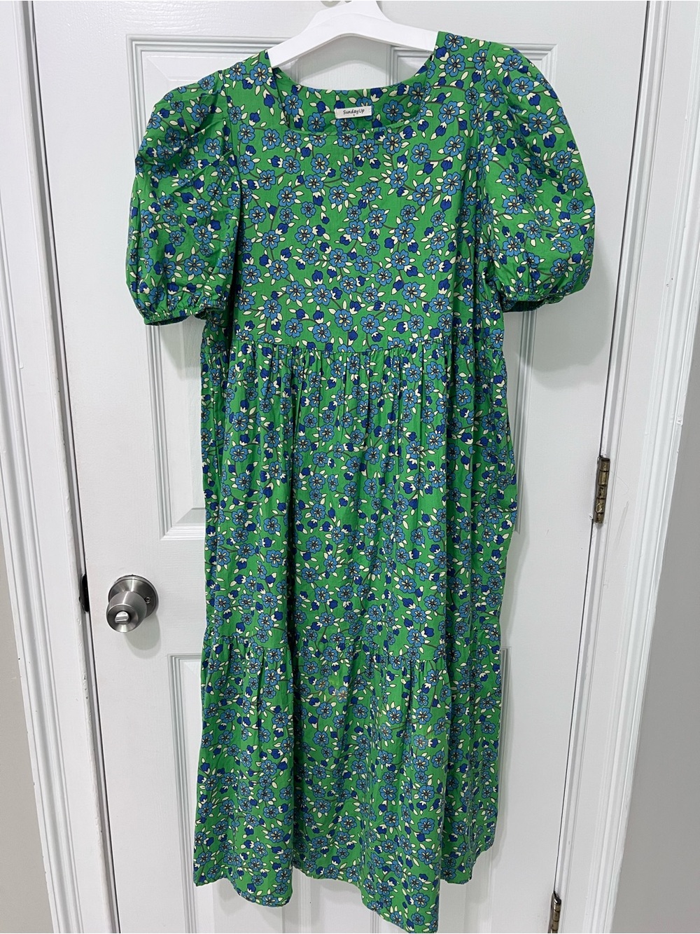 Sunday Up Green Floral Midi Dress with Blue Accents